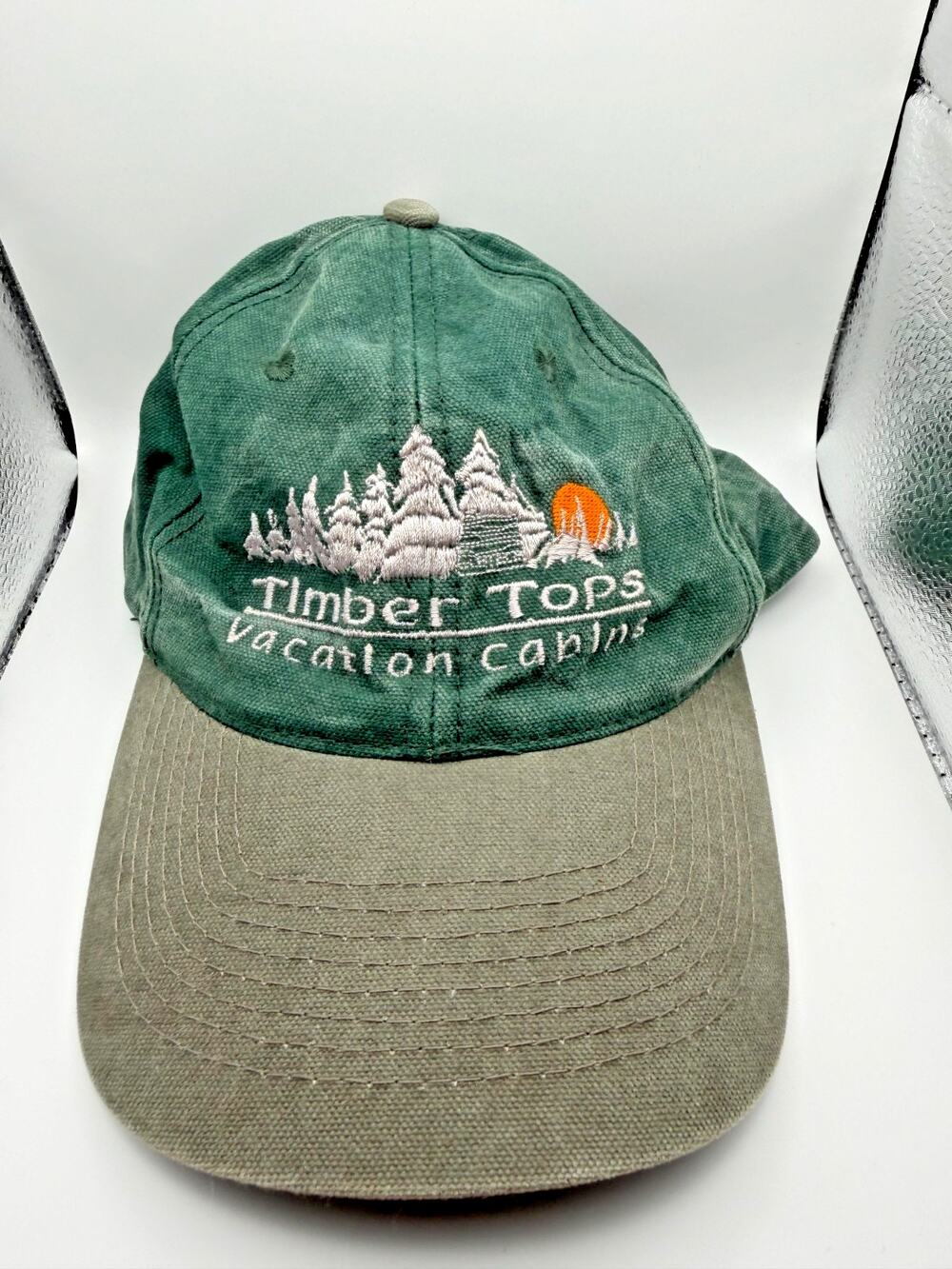 VTG Y2K Timber Tops Vacation Cabins Hat HeadShots KC Caps Green Grey Dad Cap 90s
